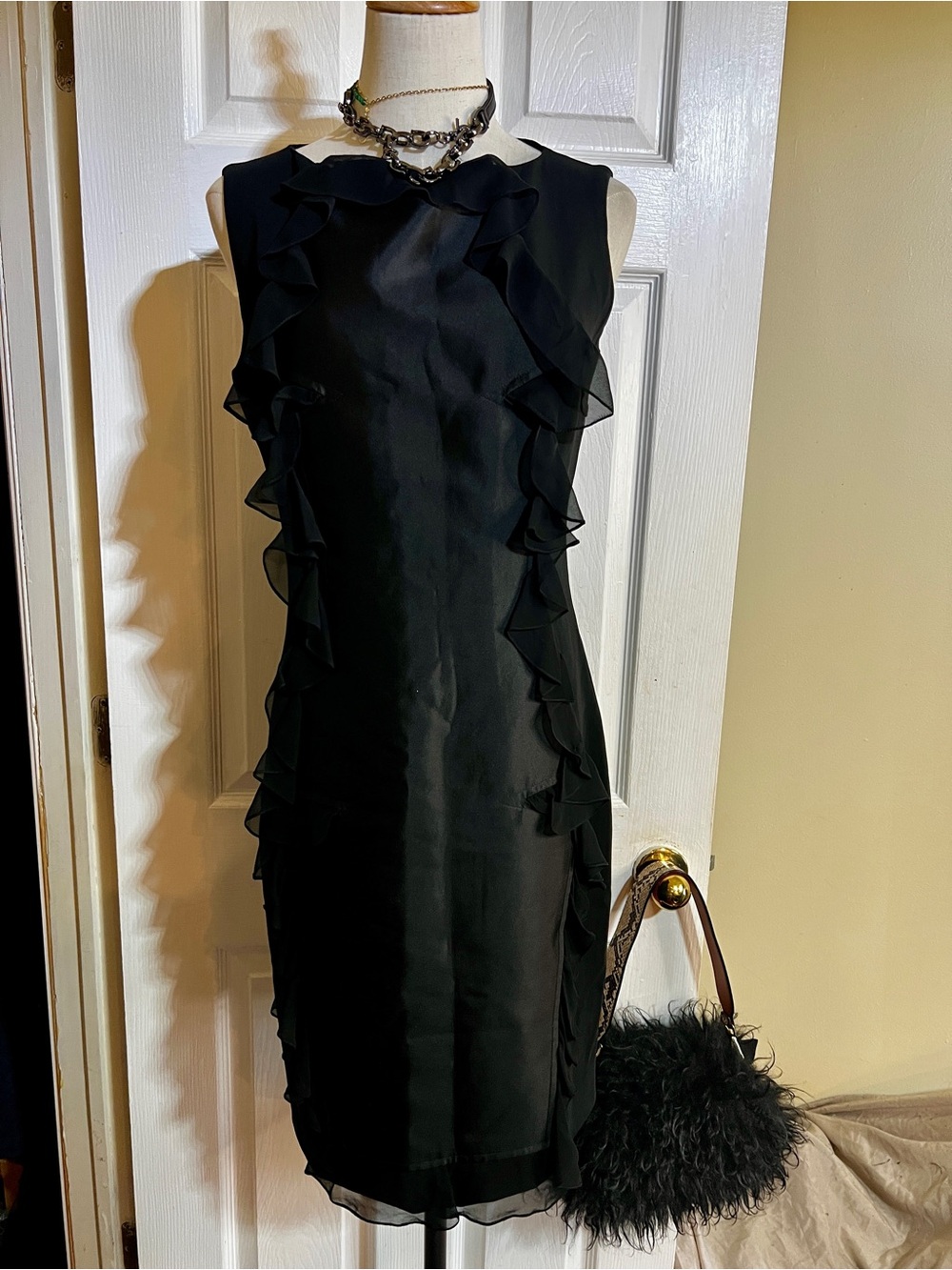Prabal Gurung Wms Black Silk Satin Wool Knit Blend Ruffle Feminine Shift Dress 6